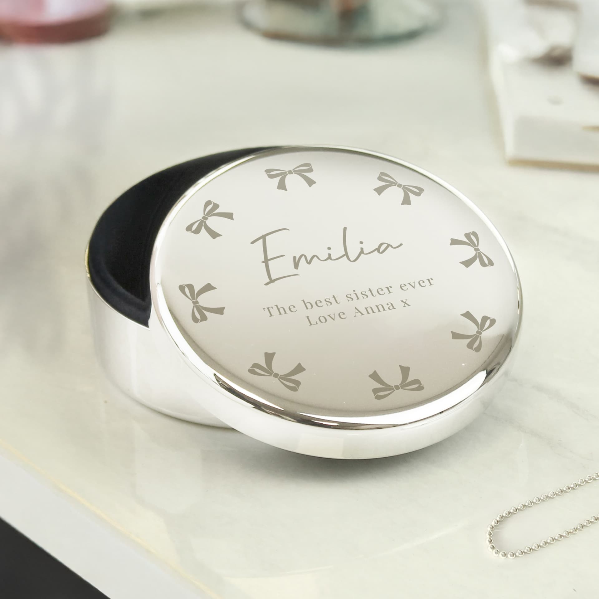 Personalised Bow Round Trinket Box